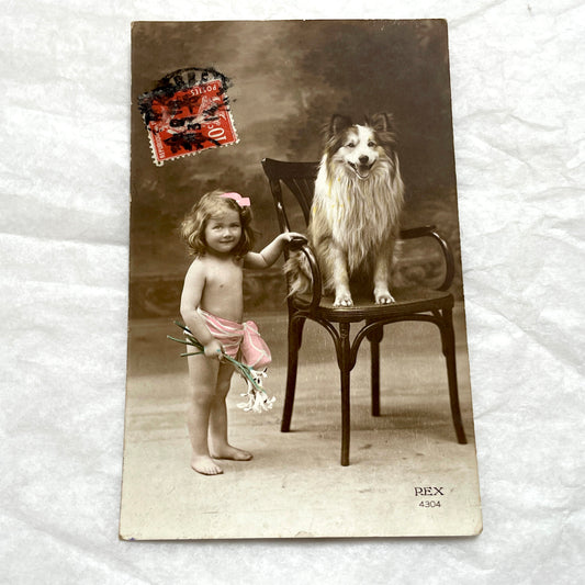 1910s - Vintage Postcard - Little Girl and Dog Sepia Portrait