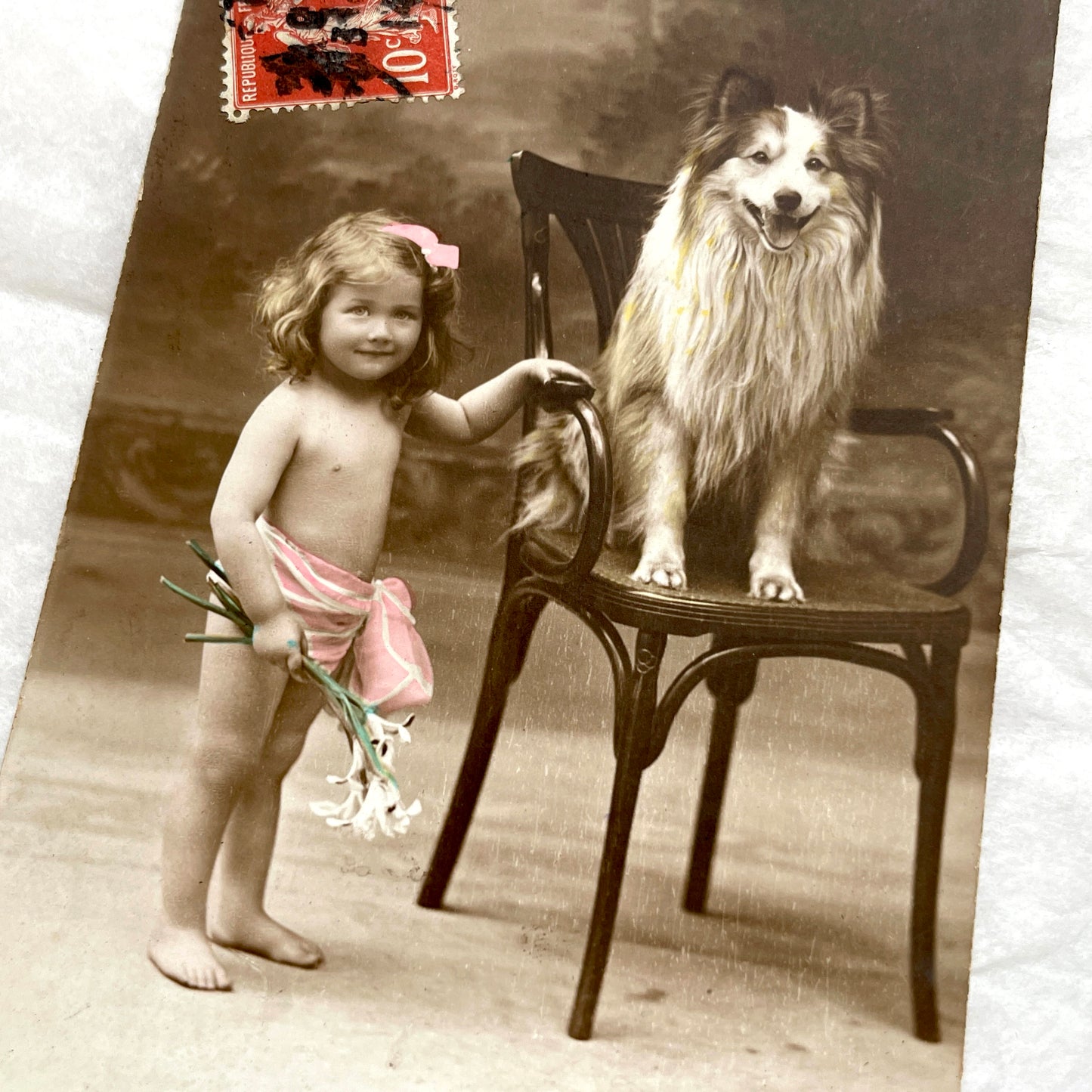 1910s - Vintage Postcard - Little Girl and Dog Sepia Portrait