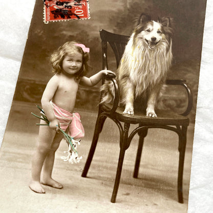 1910s - Vintage Postcard - Little Girl and Dog Sepia Portrait