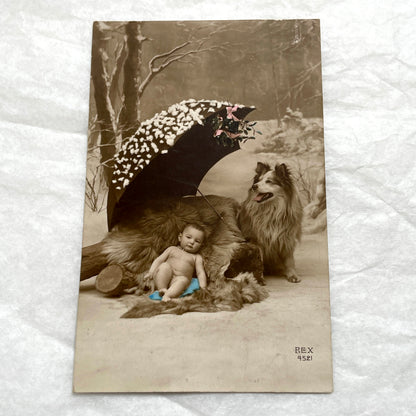 1900s - Vintage Postcard - Baby and Dog Winter Mistletoe