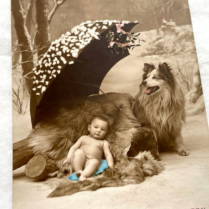 1900s - Vintage Postcard - Baby and Dog Winter Mistletoe