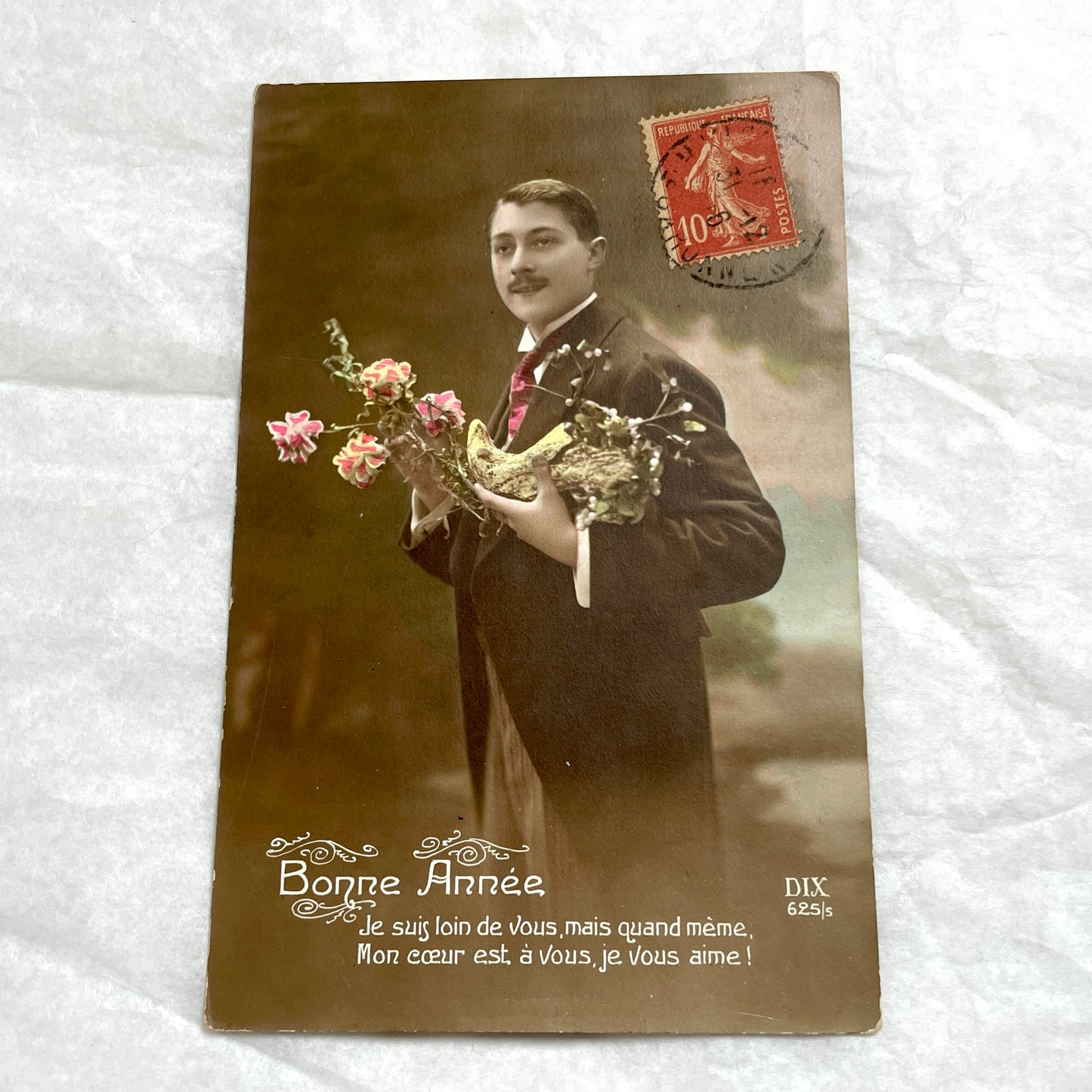 1910s - French New Year Postcard - Romantic Man with Flowers