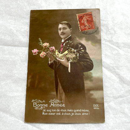 1910s - French New Year Postcard - Romantic Man with Flowers