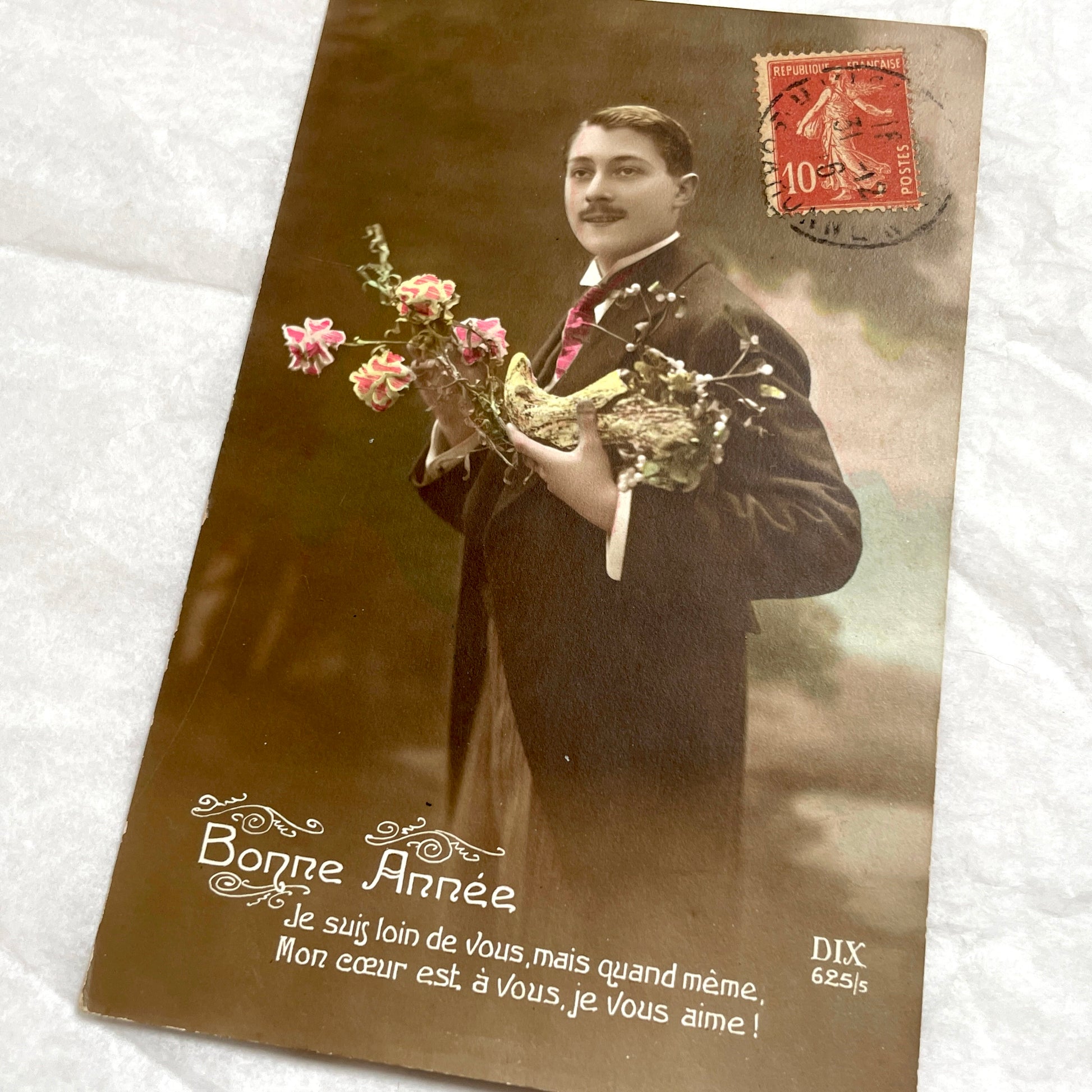 1910s - French New Year Postcard - Romantic Man with Flowers