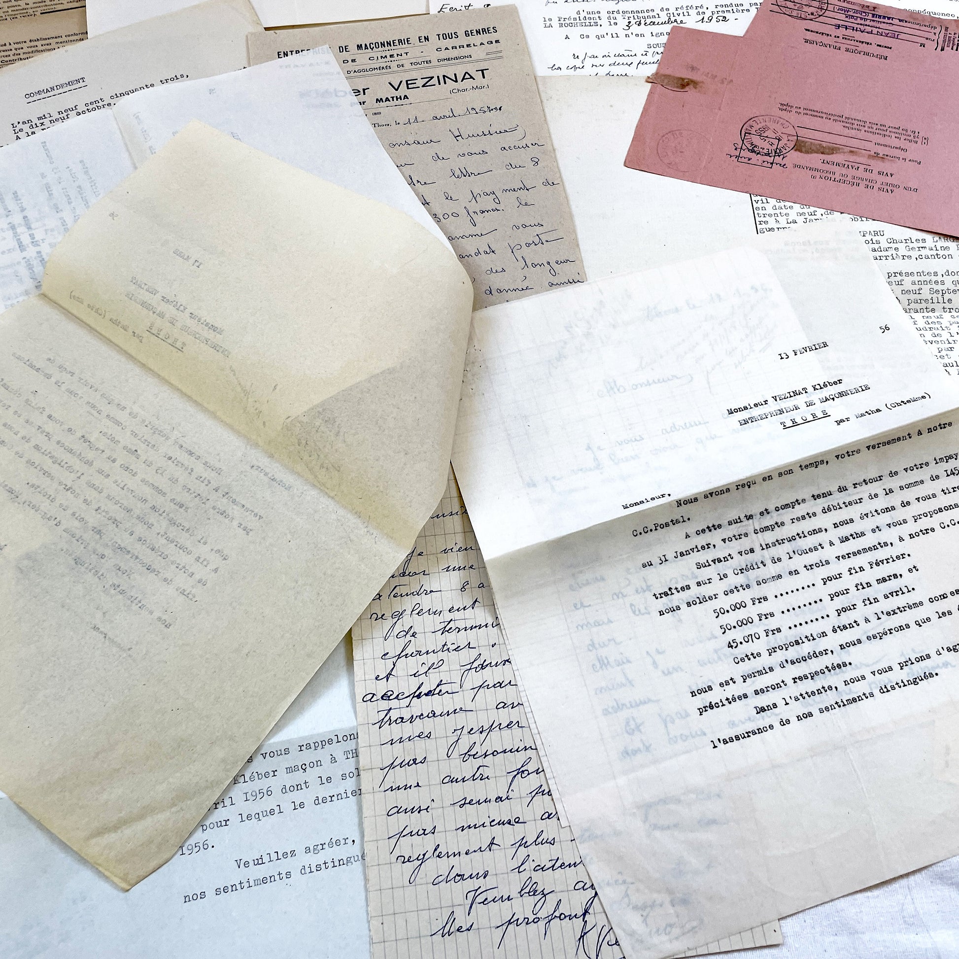 1950s - Vintage Ephemera Lot – French Letters, Invoices & Legal Documents from Notary Archive