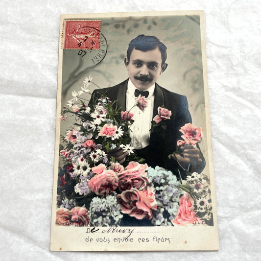 1900s - French Postcard - Elegant Man & Floral Bouquet
