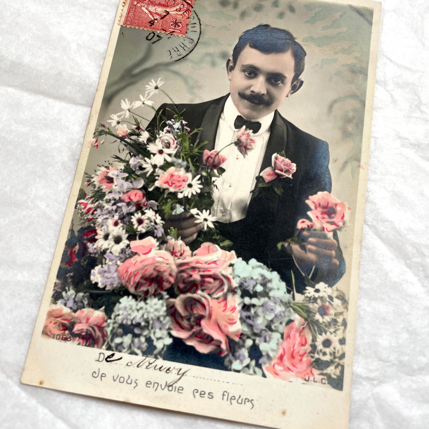1900s - French Postcard - Elegant Man & Floral Bouquet