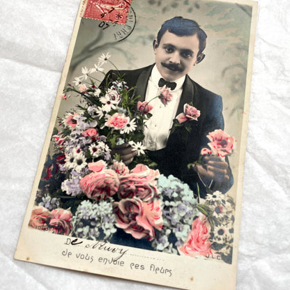 1900s - French Postcard - Elegant Man & Floral Bouquet