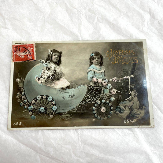 1900s - Vintage French Easter Postcard - Adorable Girls and Chicks