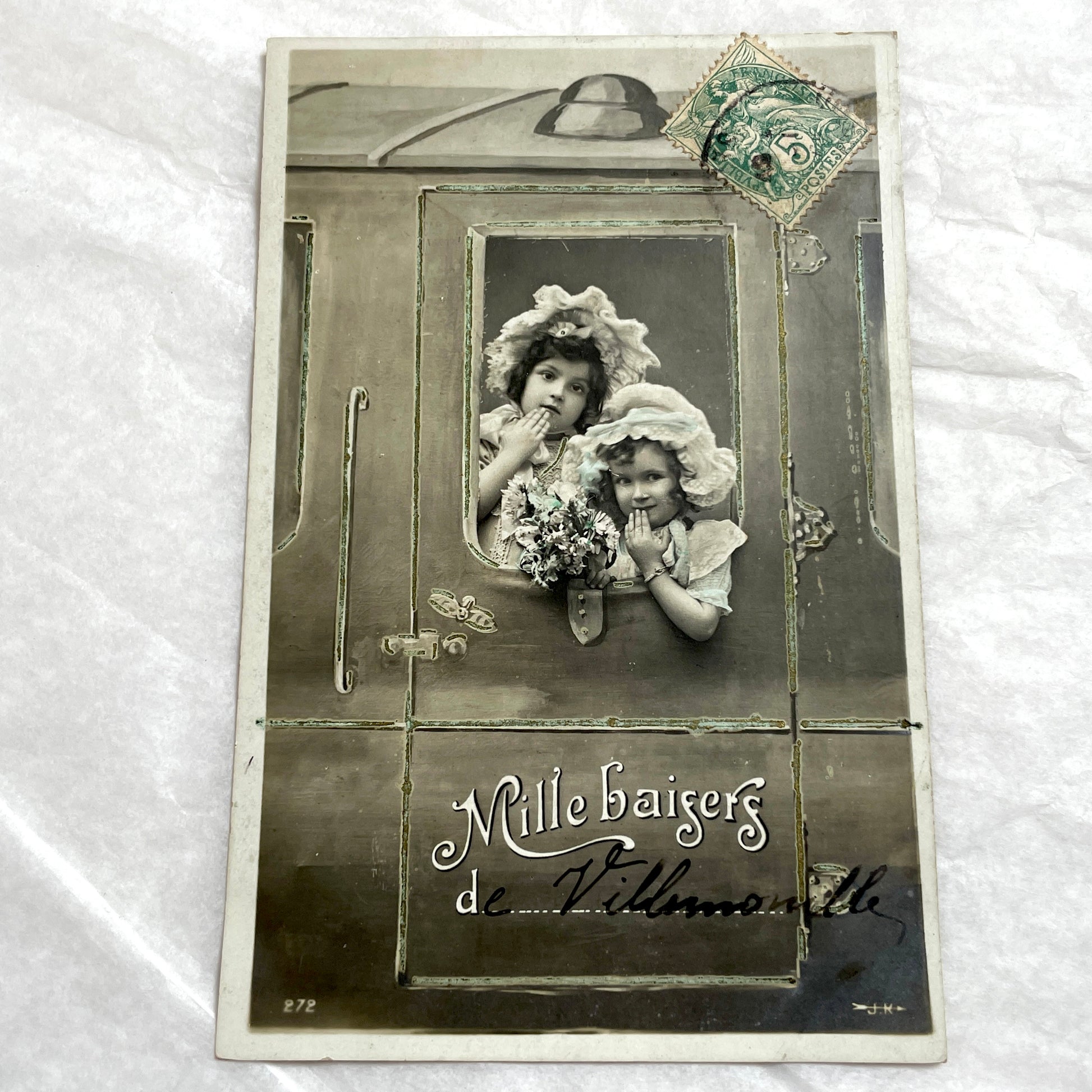 1900s - Vintage French Postcard - Two Girls in Bonnets