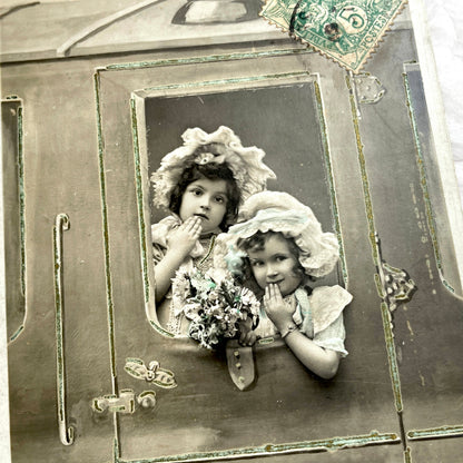 1900s - Vintage French Postcard - Two Girls in Bonnets