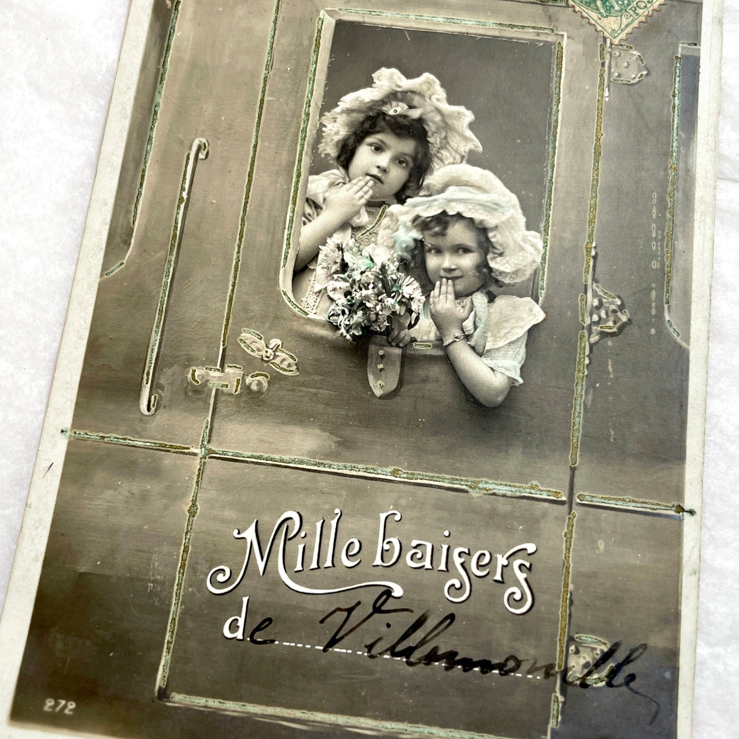 1900s - Vintage French Postcard - Two Girls in Bonnets