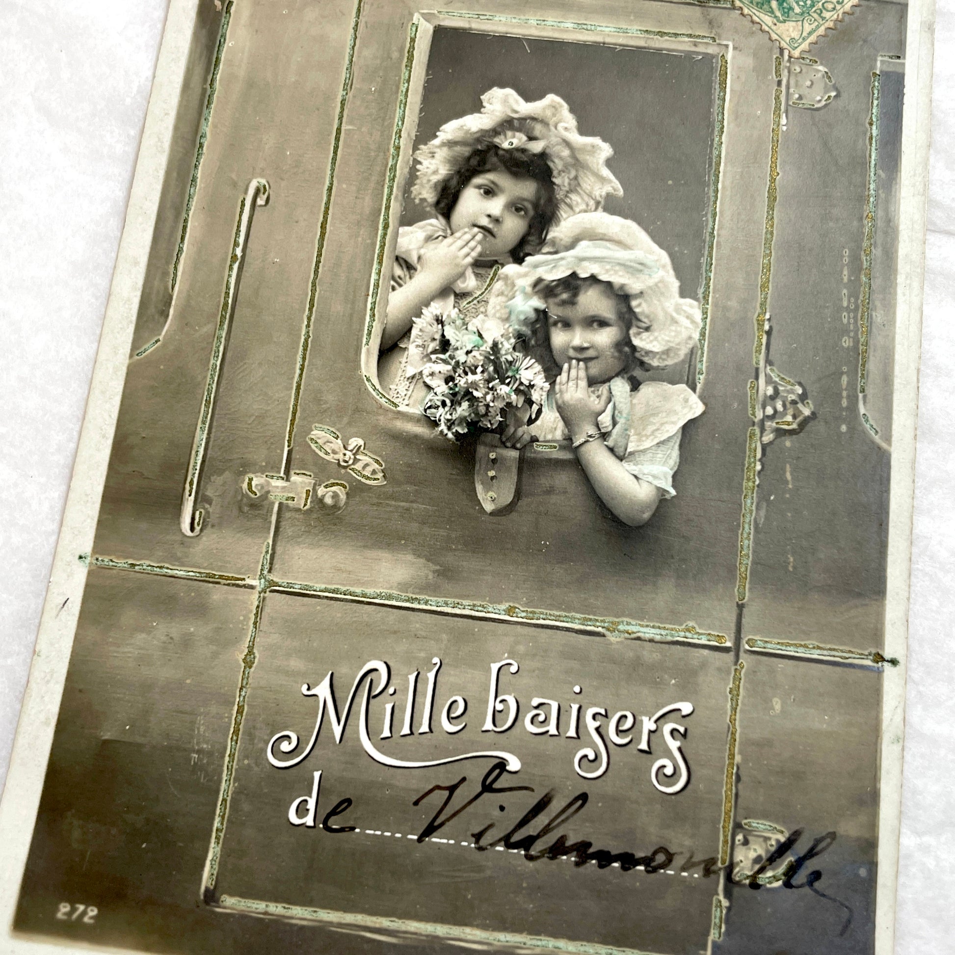 1900s - Vintage French Postcard - Two Girls in Bonnets