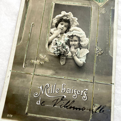 1900s - Vintage French Postcard - Two Girls in Bonnets