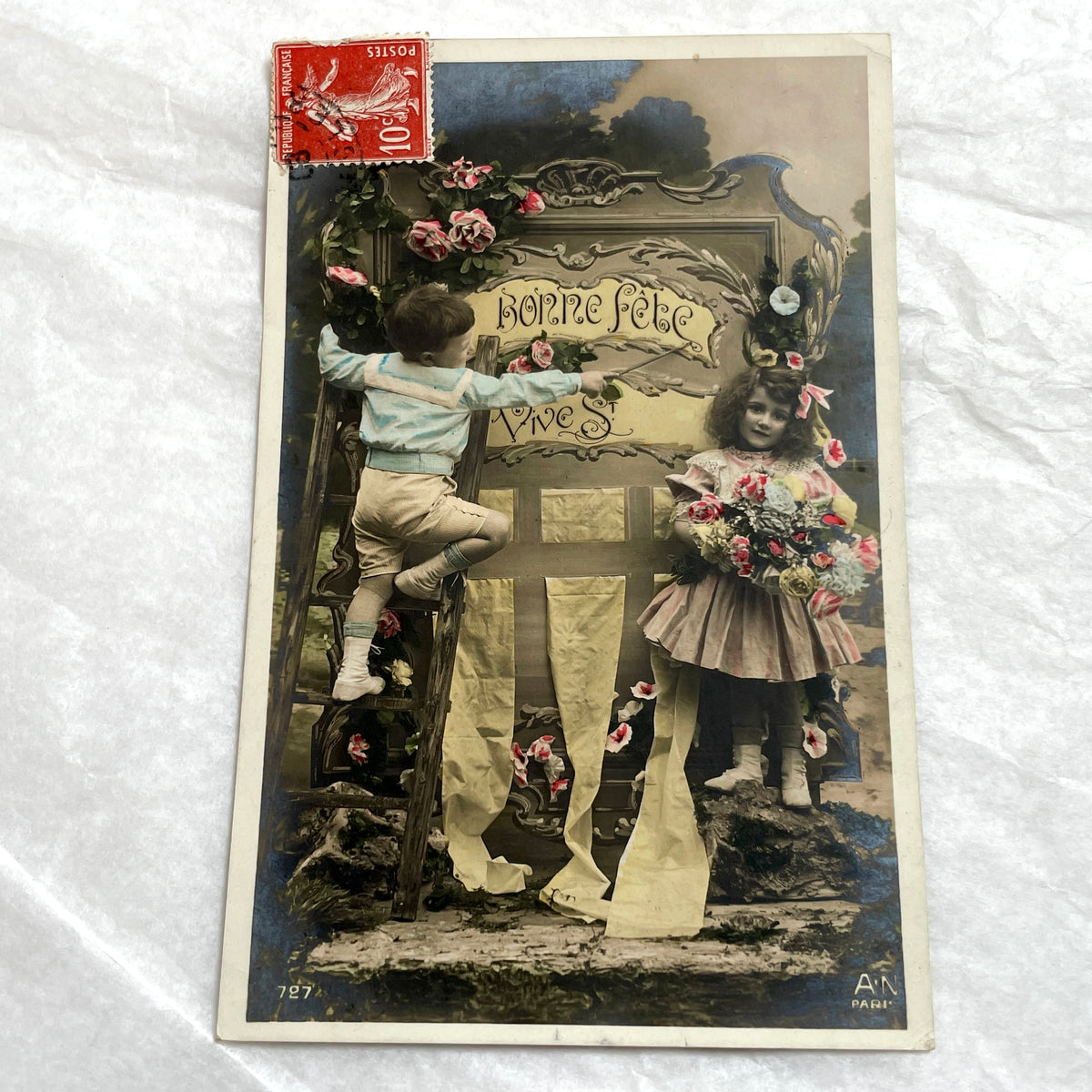 1900s - Vintage French Postcard with Children - Bonne Fête