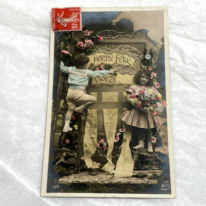 1900s - Vintage French Postcard with Children - Bonne Fête