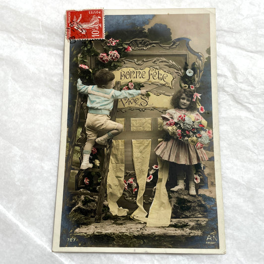 1900s - Vintage French Postcard with Children - Bonne Fête