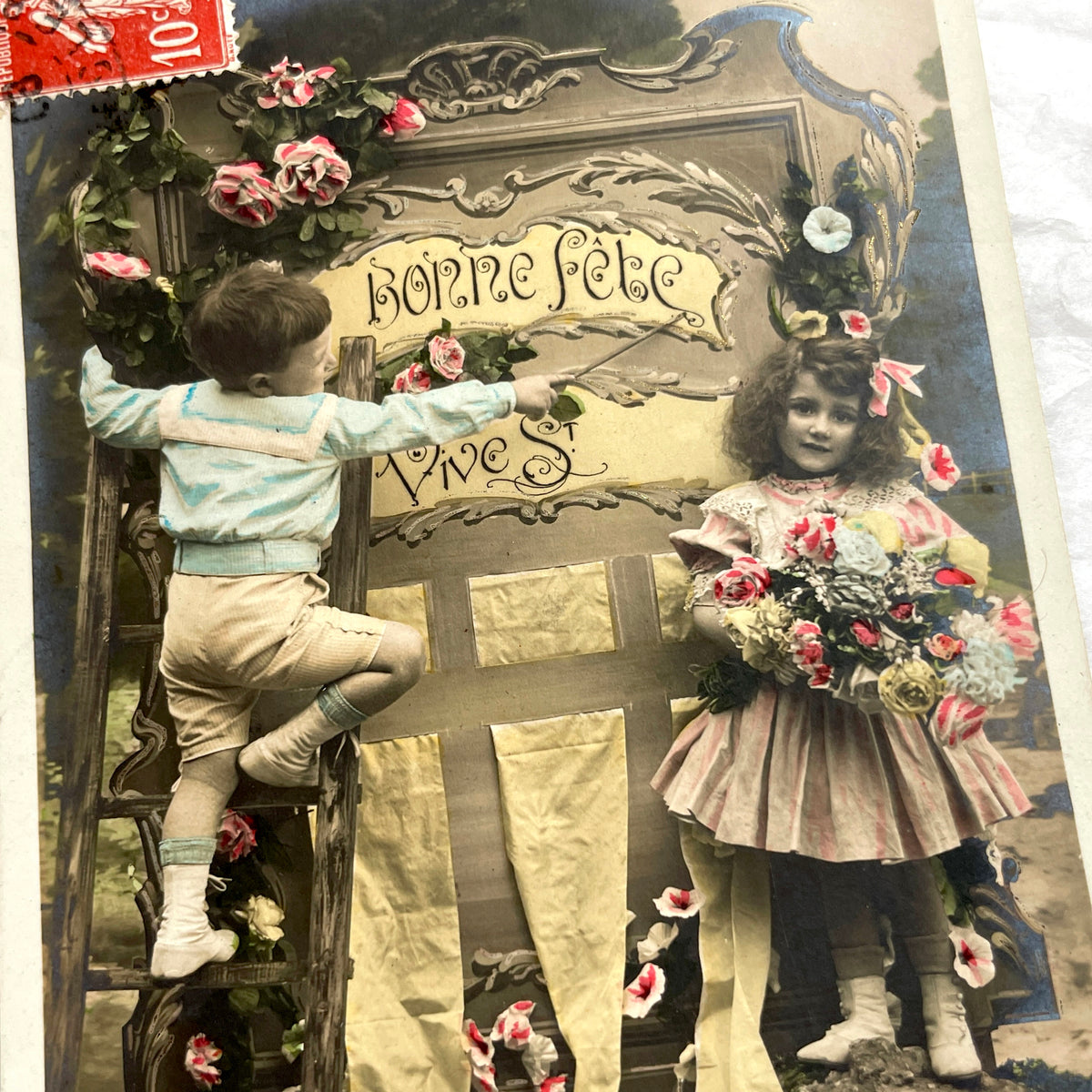 1900s - Vintage French Postcard with Children - Bonne Fête