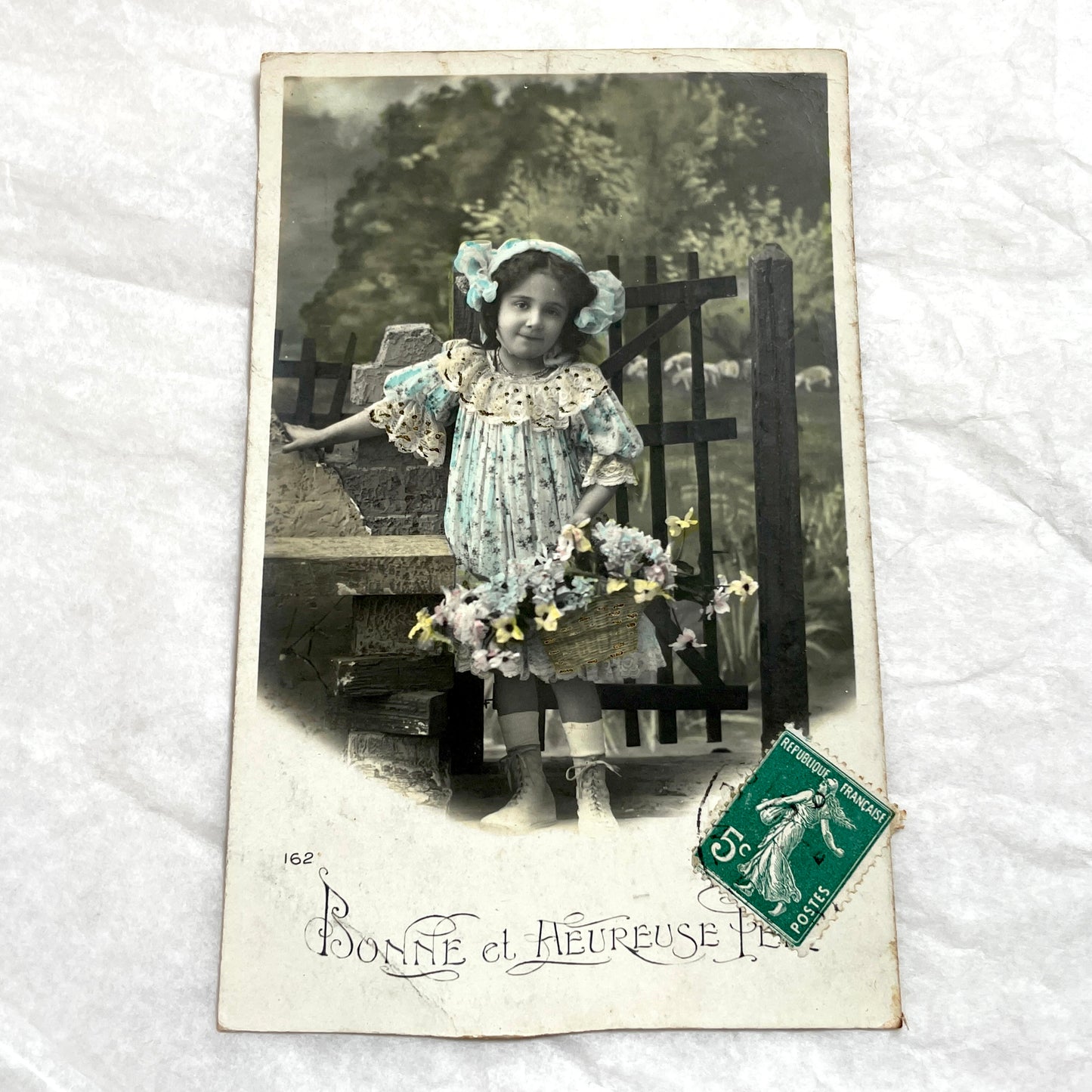 1900s - Vintage French Postcard - Little Girl with Flowers