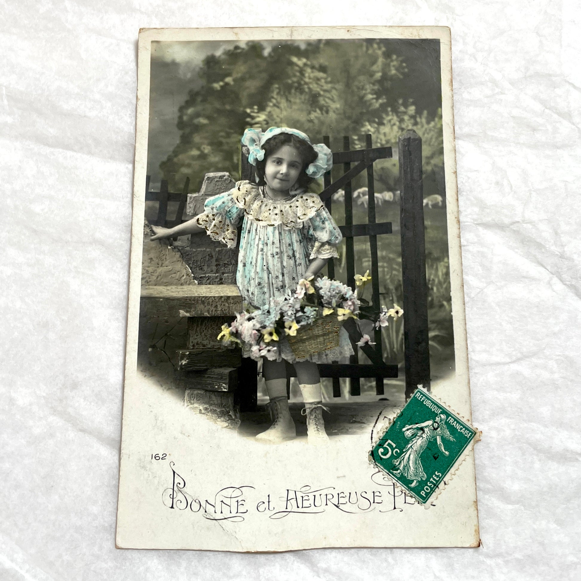 1900s - Vintage French Postcard - Little Girl with Flowers