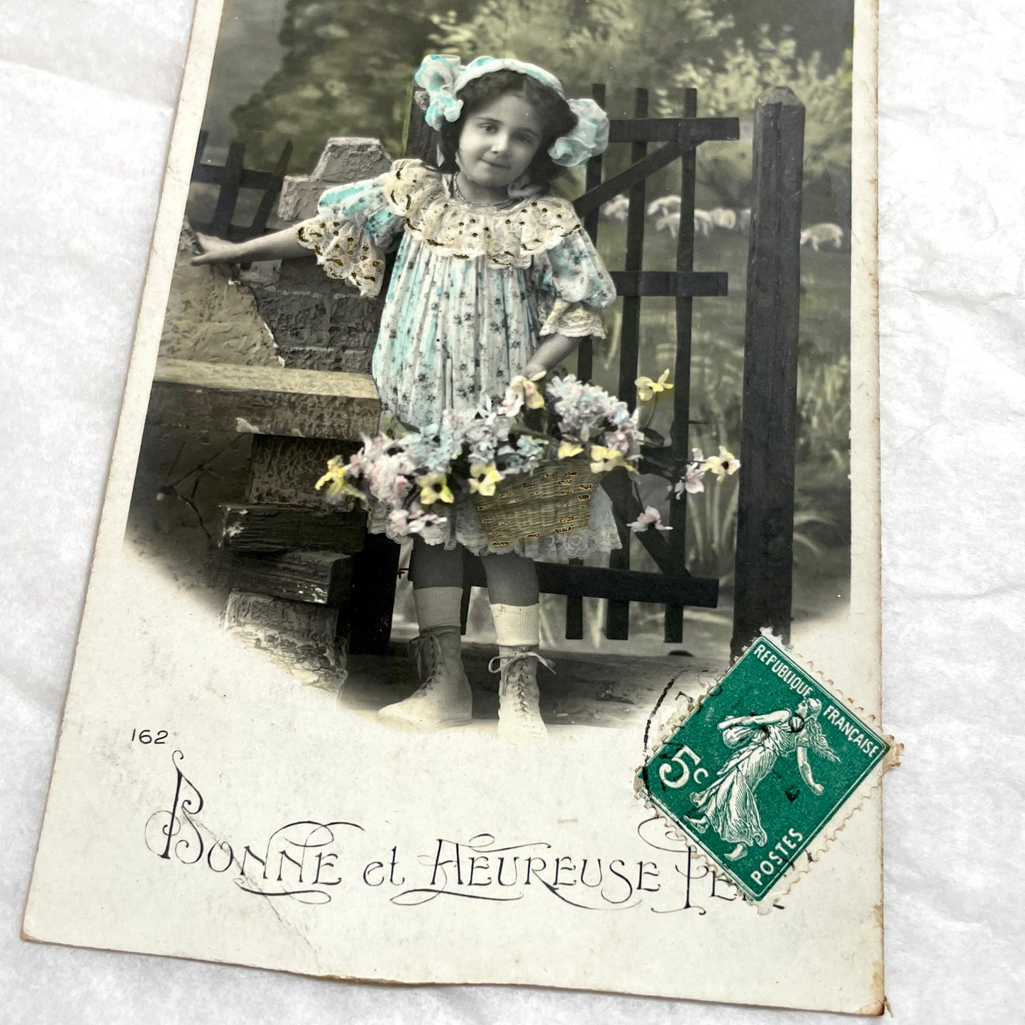1900s - Vintage French Postcard - Little Girl with Flowers