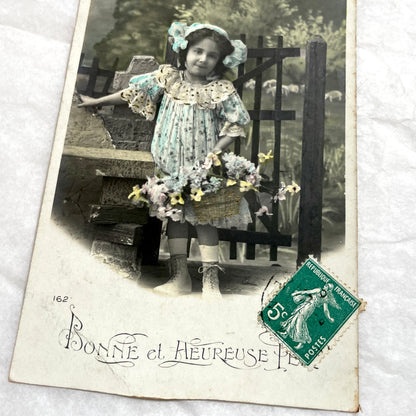 1900s - Vintage French Postcard - Little Girl with Flowers