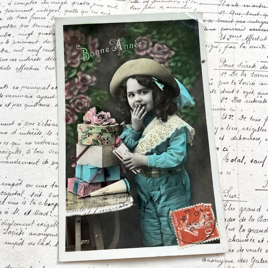 1900s - Vintage French Bonne Année Postcard - Hand-Colored Child Portrait - Stack of Gifts - Edwardian Era Ephemera - New Year Greeting Card