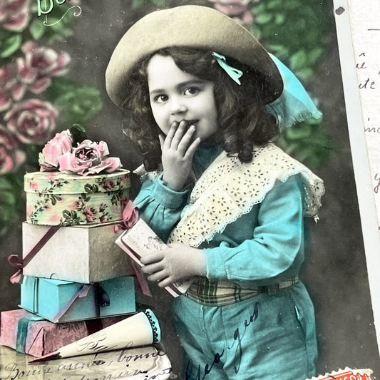 1900s - Vintage French Bonne Année Postcard - Hand-Colored Child Portrait - Stack of Gifts - Edwardian Era Ephemera - New Year Greeting Card