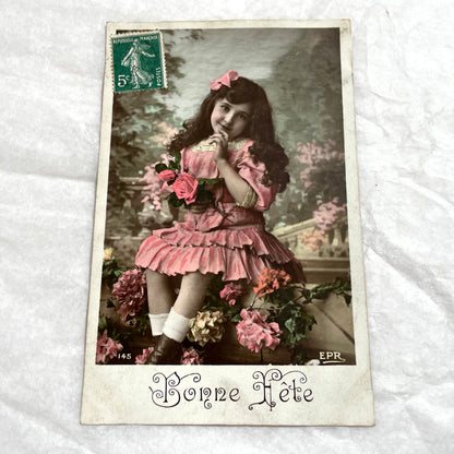 1900s - Vintage French Postcard - Little Girl in Pink Dress