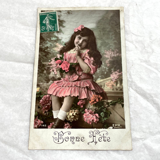 1900s - Vintage French Postcard - Little Girl in Pink Dress