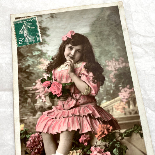 1900s - Vintage French Postcard - Little Girl in Pink Dress