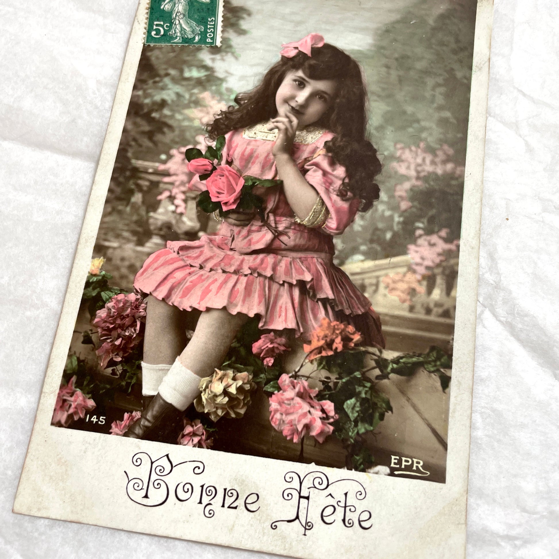 1900s - Vintage French Postcard - Little Girl in Pink Dress