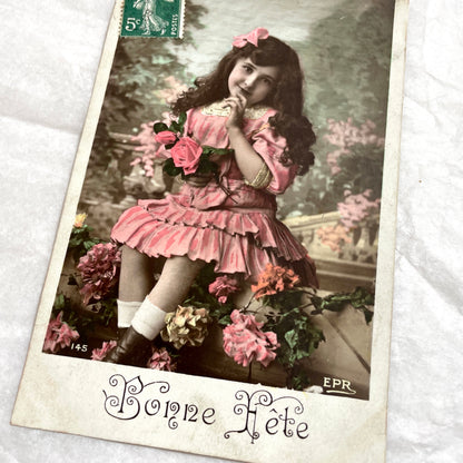 1900s - Vintage French Postcard - Little Girl in Pink Dress