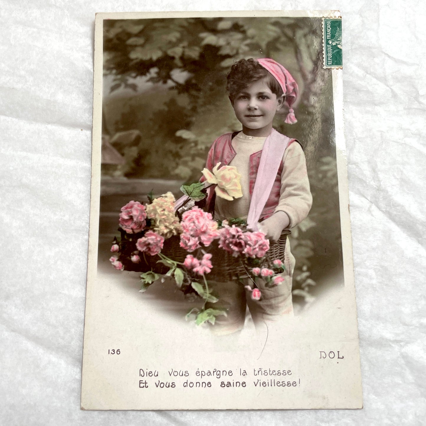 1900s - Collectible French Postcard - Child Carrying Flowers