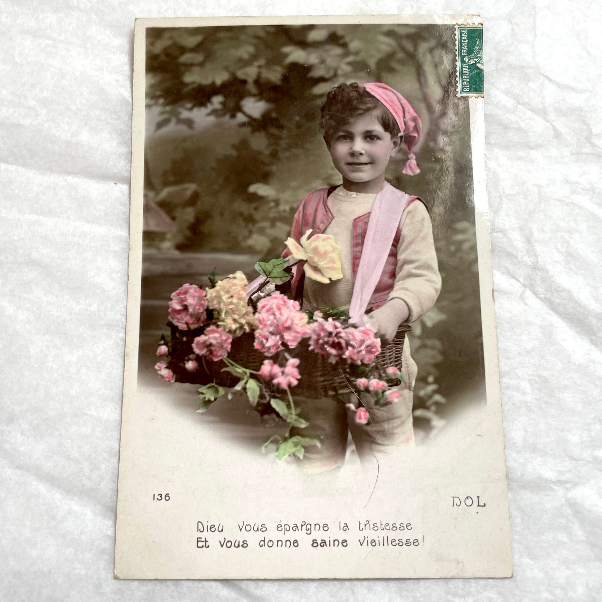 1900s - Collectible French Postcard - Child Carrying Flowers