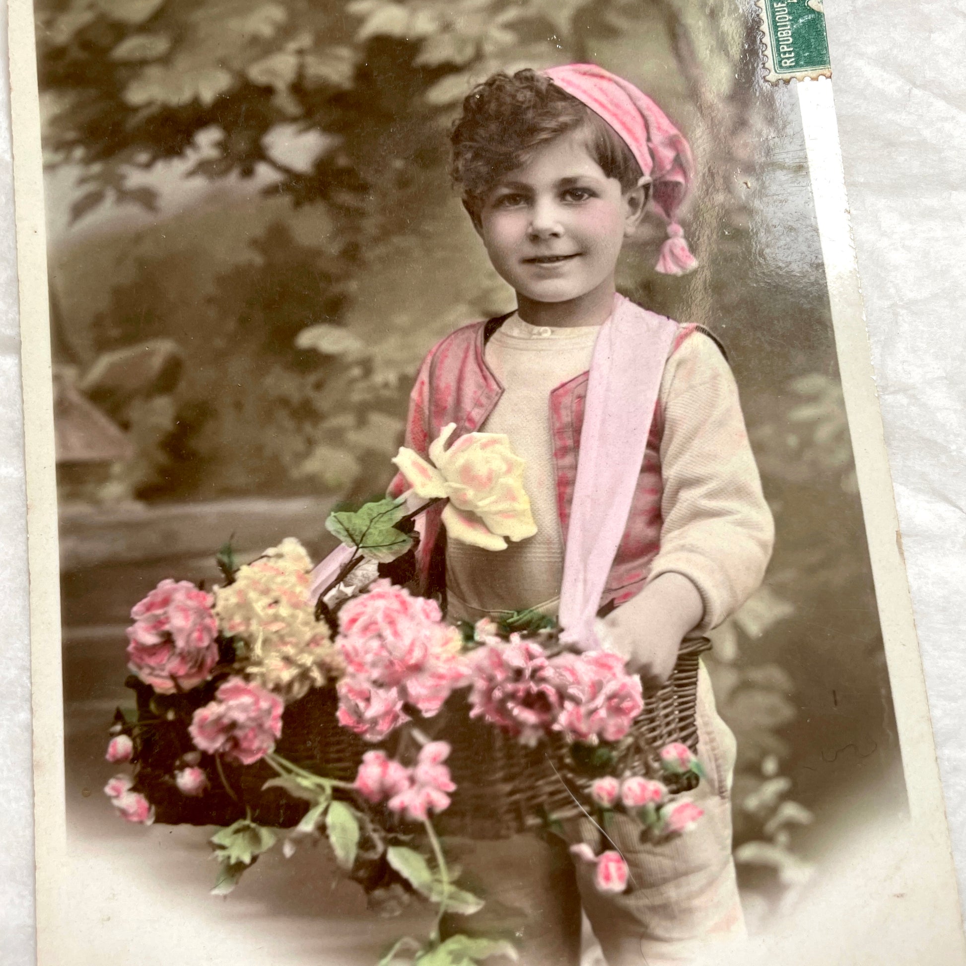 1900s - Collectible French Postcard - Child Carrying Flowers