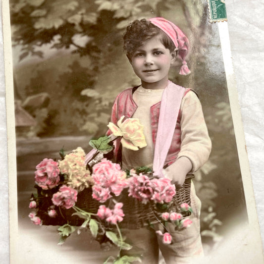 1900s - Collectible French Postcard - Child Carrying Flowers