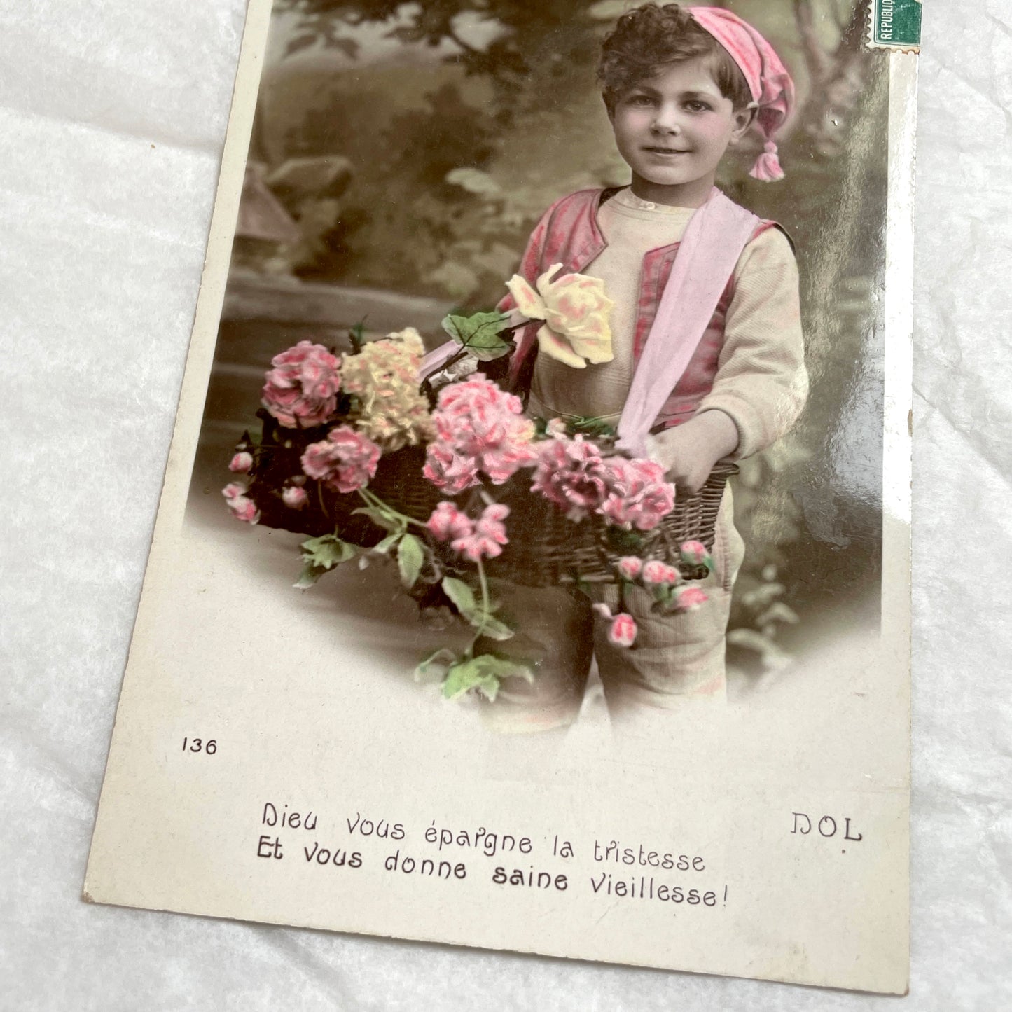 1900s - Collectible French Postcard - Child Carrying Flowers