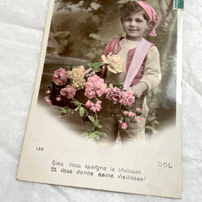 1900s - Collectible French Postcard - Child Carrying Flowers