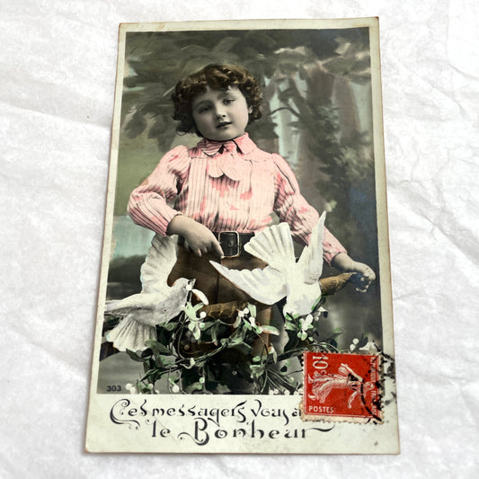 1910s - French Postcard - Young Child with Doves of Happiness