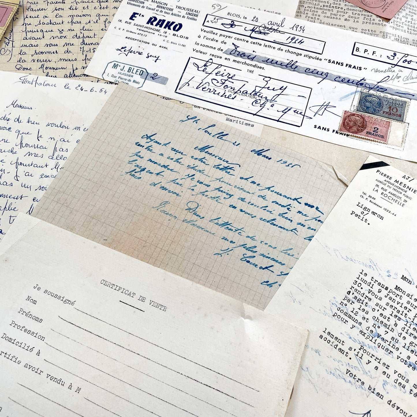 1950s - Vintage Ephemera Lot – French Letters, Invoices & Legal Documents from Notary Archive