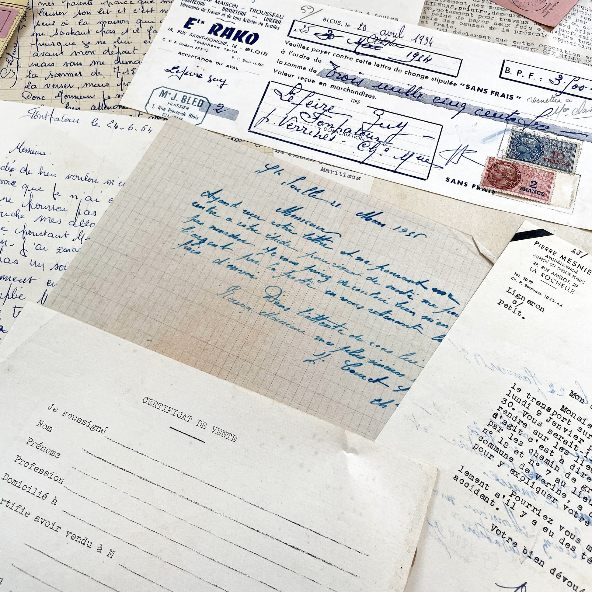 1950s - Vintage Ephemera Lot – French Letters, Invoices & Legal Documents from Notary Archive
