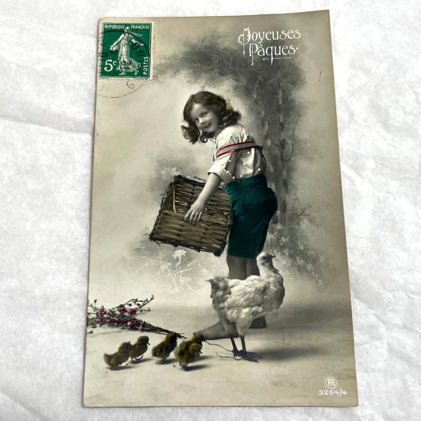 1910s - French Easter Postcard - Child and Chickens