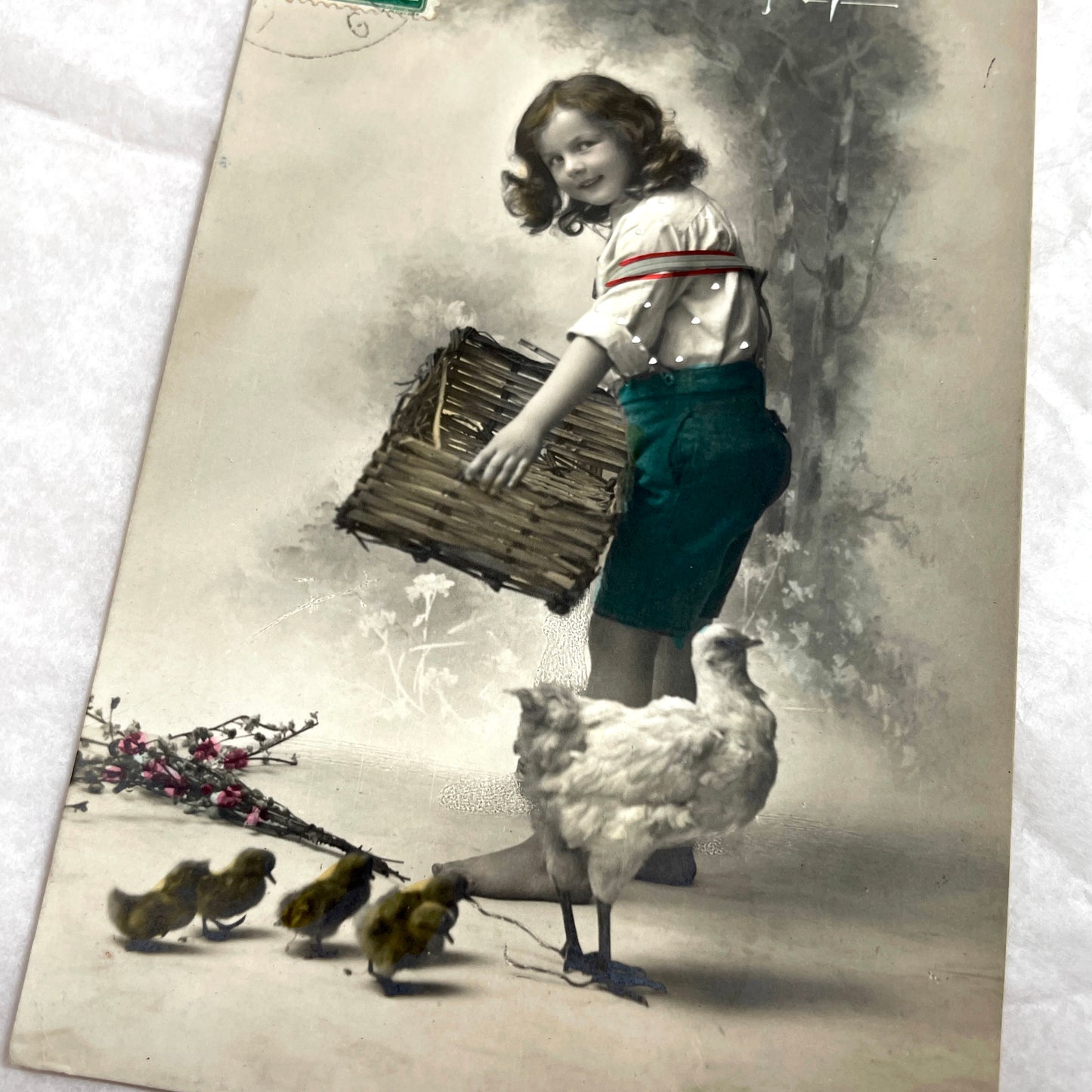 1910s - French Easter Postcard - Child and Chickens