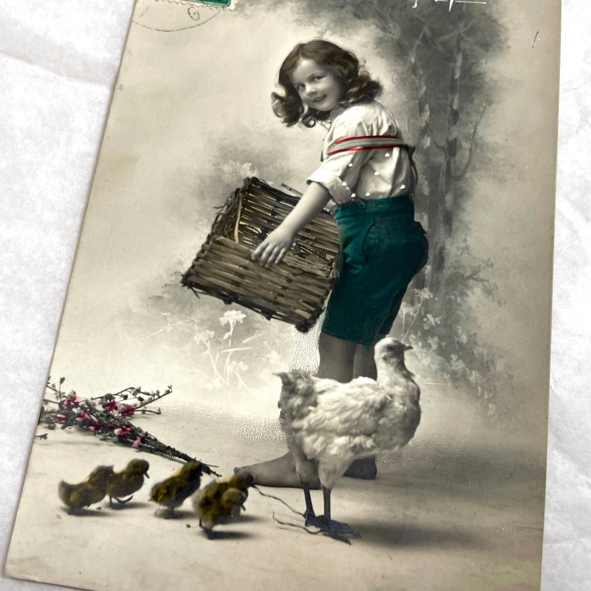 1910s - French Easter Postcard - Child and Chickens