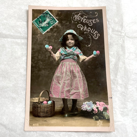 1900s - Vintage French Easter Postcard - Hand - Colored Girl with Eggs