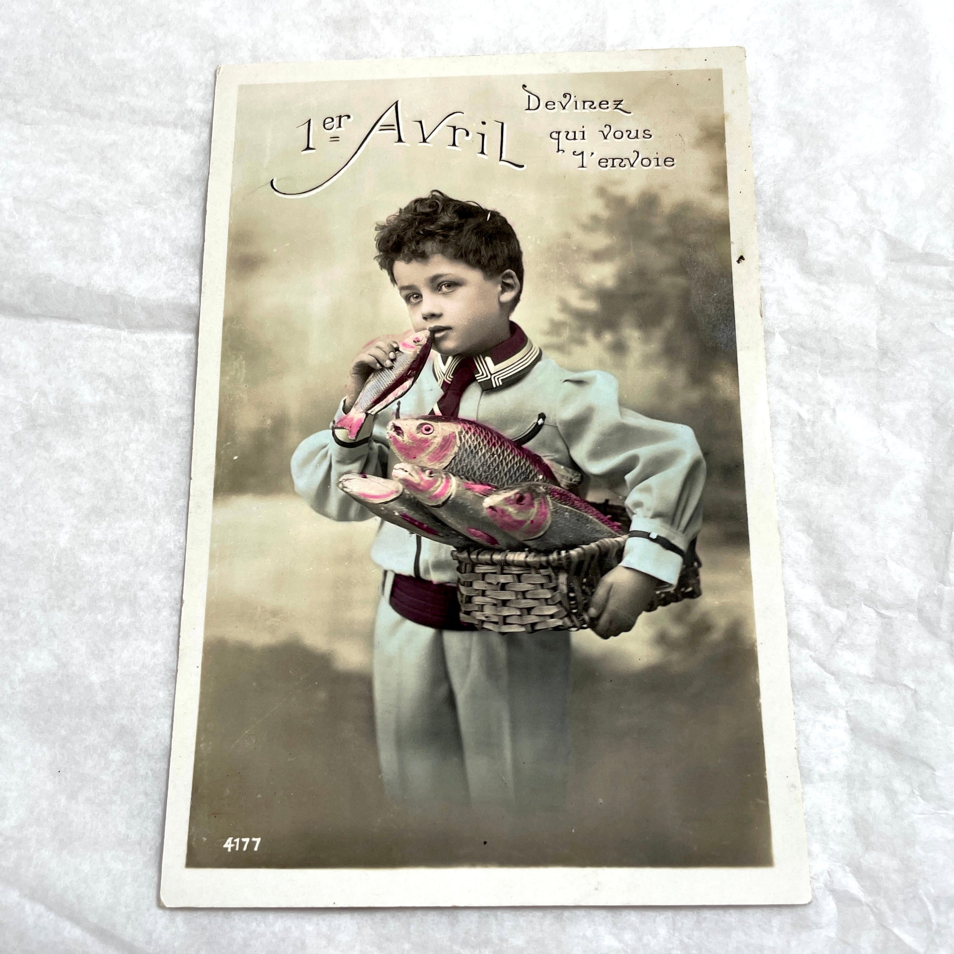 1910s - Vintage French Poisson d'Avril Postcard - Boy with Fish