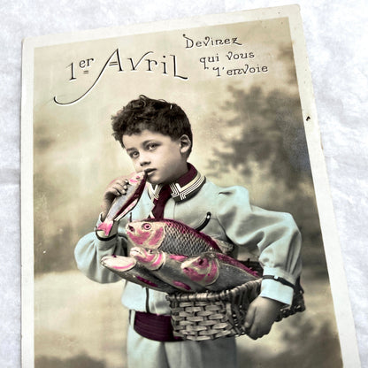 1910s - Vintage French Poisson d'Avril Postcard - Boy with Fish