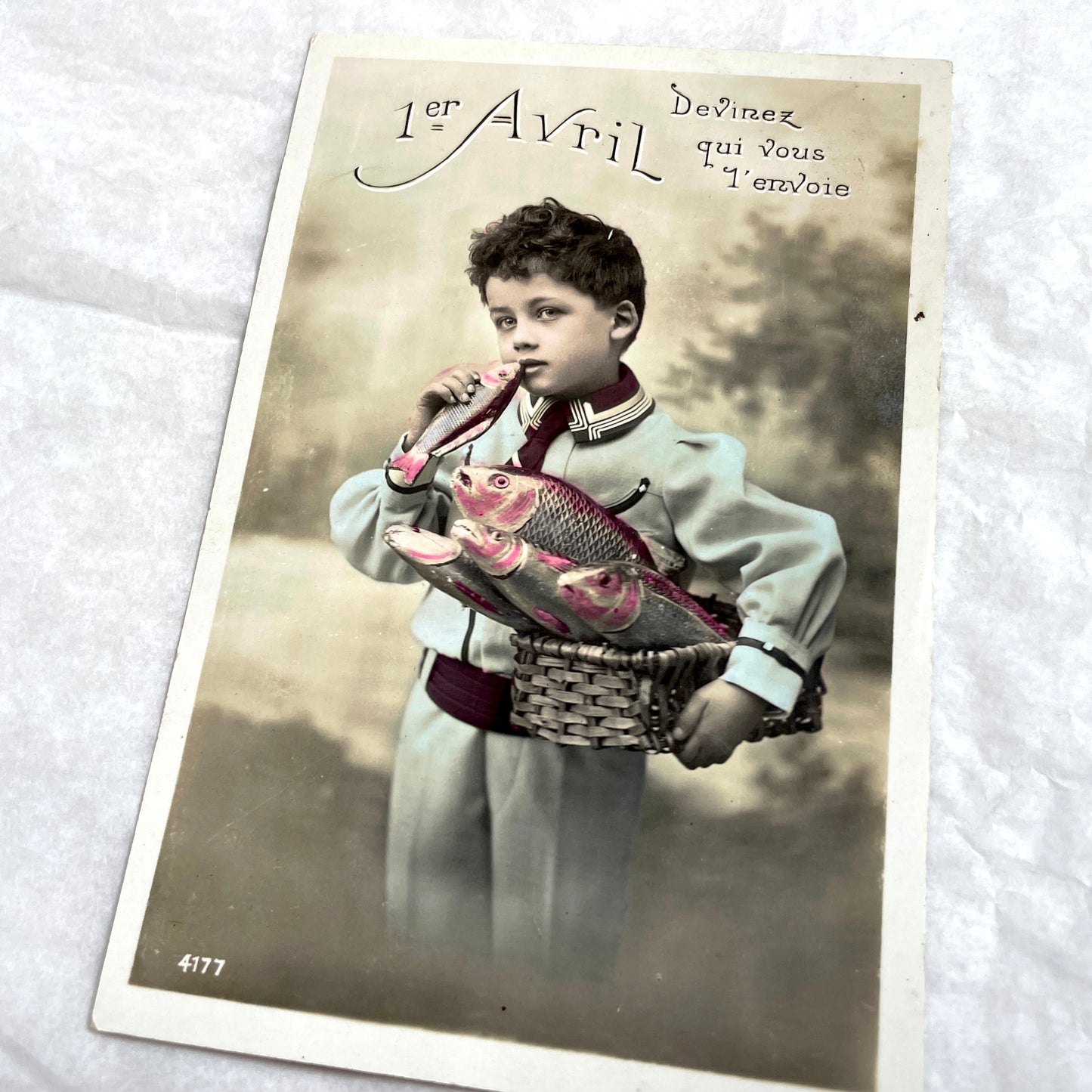 1910s - Vintage French Poisson d'Avril Postcard - Boy with Fish