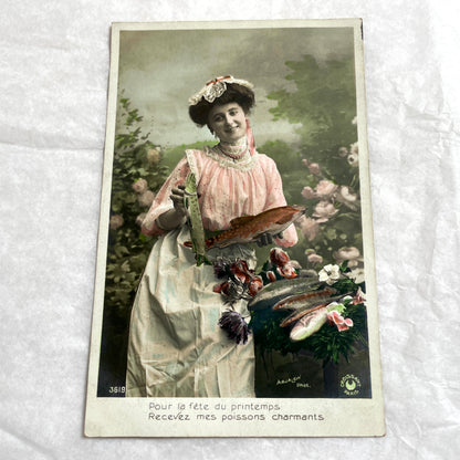 1900s - Vintage Postcard - Woman with Fish - French Spring Card
